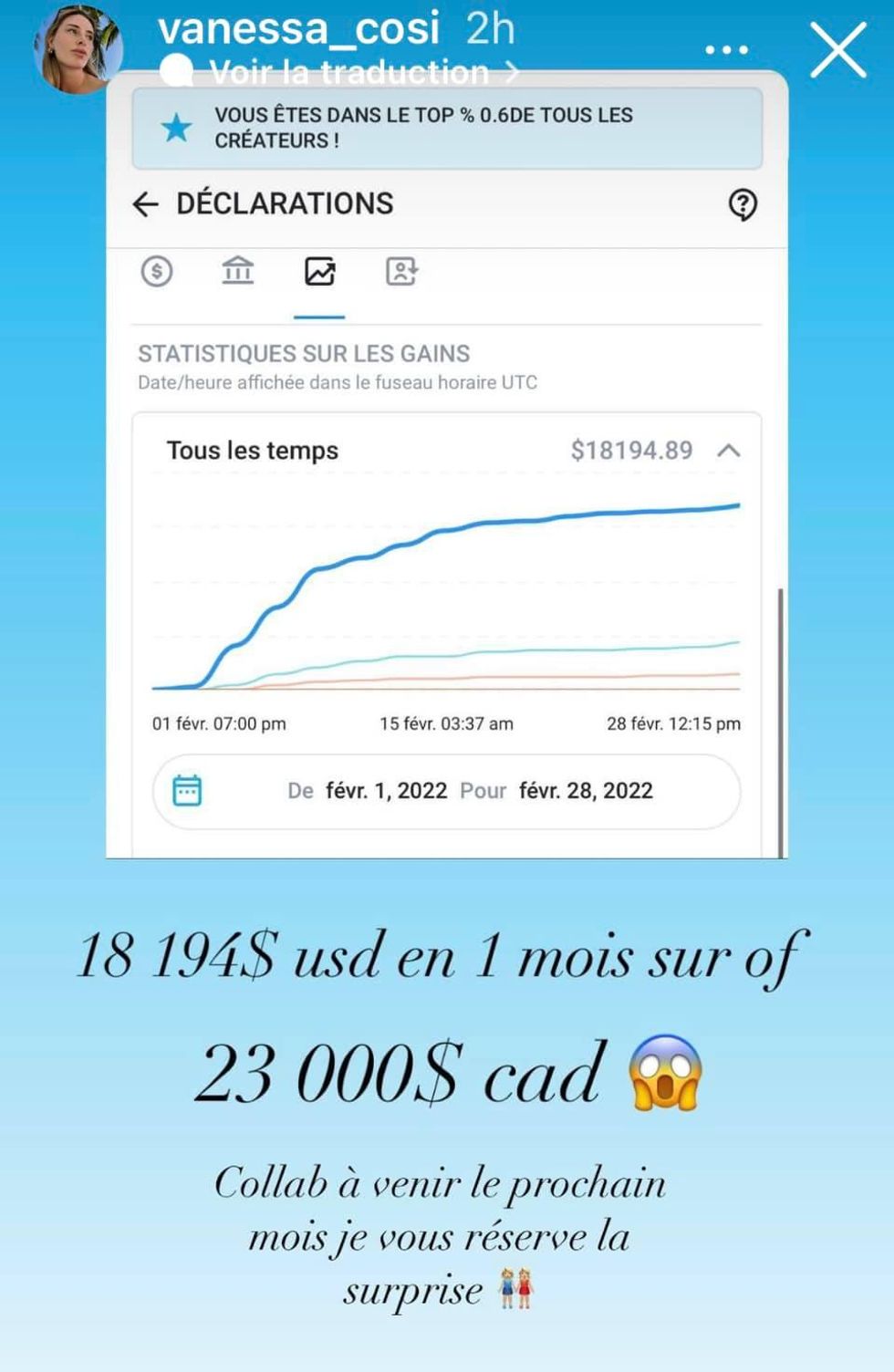 Story Instagram de Vanessa Sicotte o\u00f9 elle r\u00e9v\u00e8le son revenu mensuel OnlyFans.