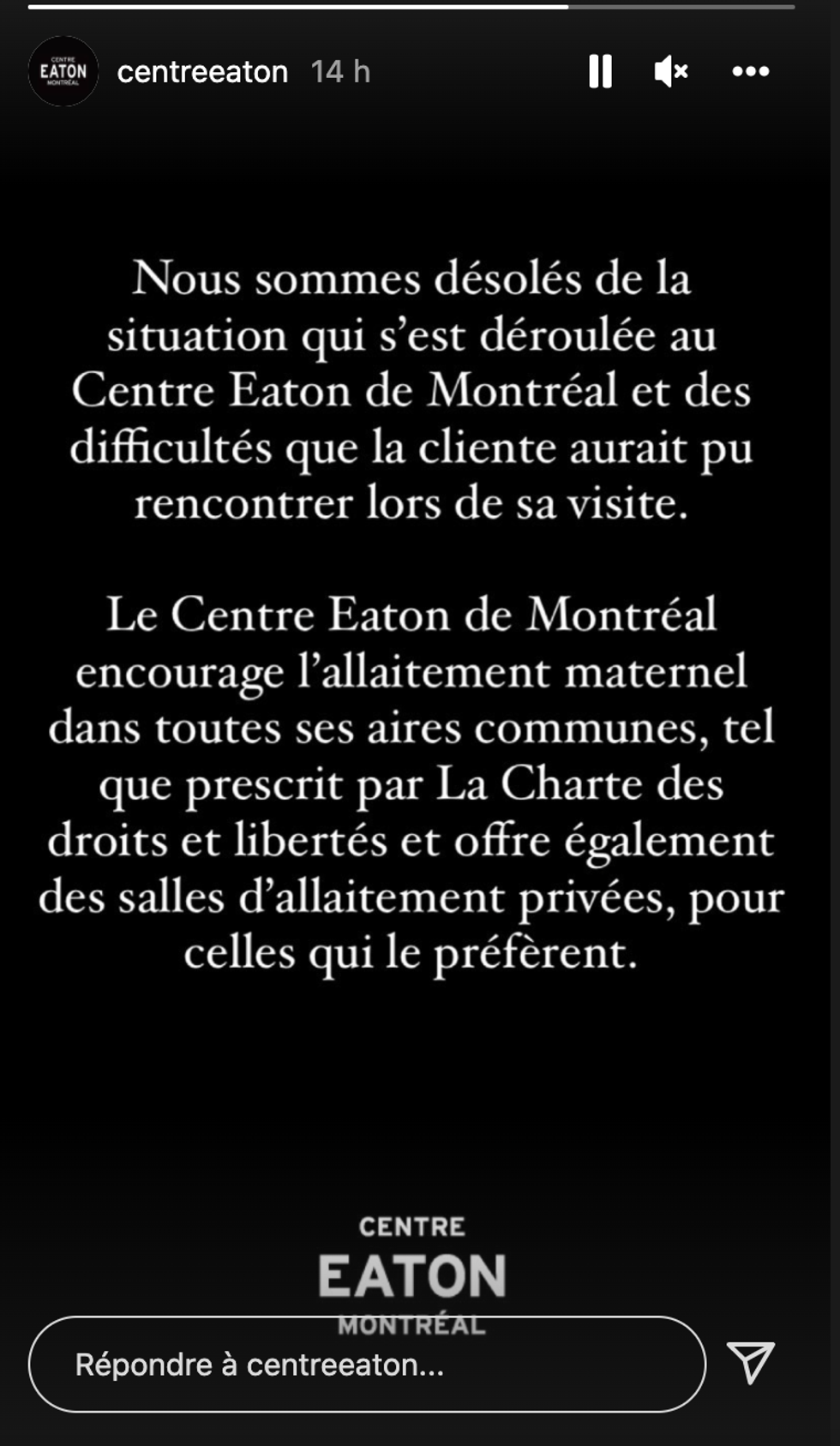 Story Instagram du Centre Eaton pr\u00e9sentant ses excuses.
