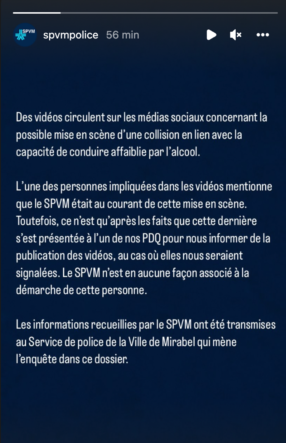 Story Instagram du SPVM.