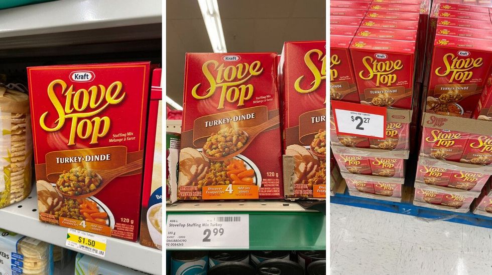 stove top turkey stuffing mix at dollarama. centre: turkey stuffing mix at sobeys. right: boxes of turkey stuffing mix at walmart.
