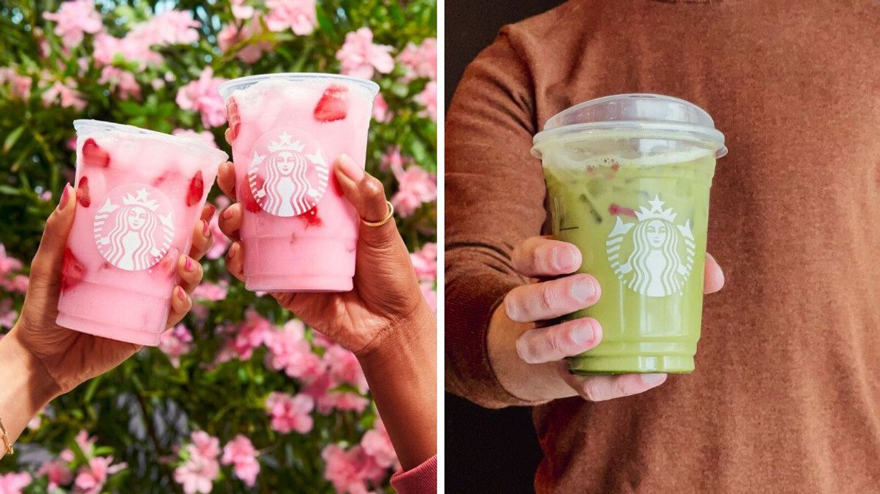 Strawberry coconut drinks from Starbucks in front of flowers. Right: Person holding a Starbucks Iced Strawberry Oat Matcha Tea Latte.