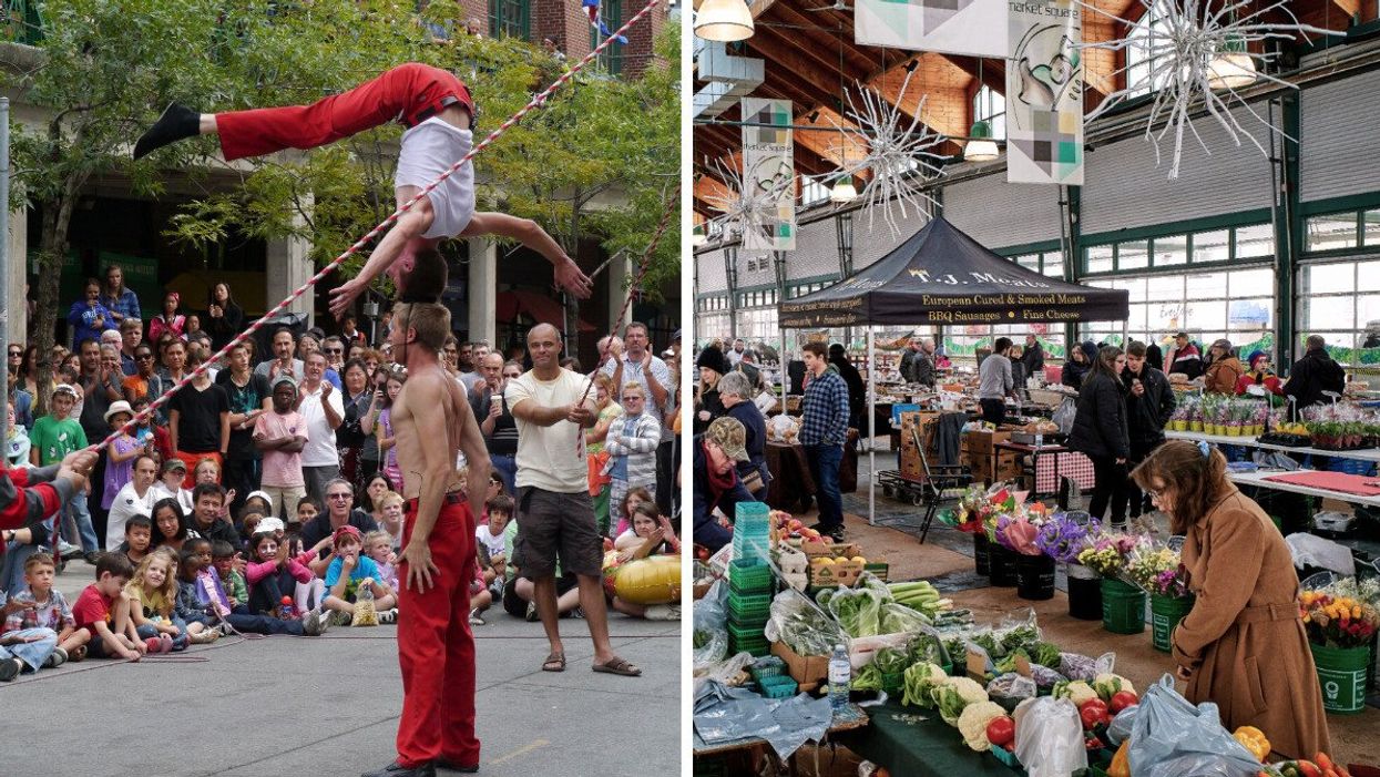 Street buskers in Toronto. Right: A farmer's market in Ontario.