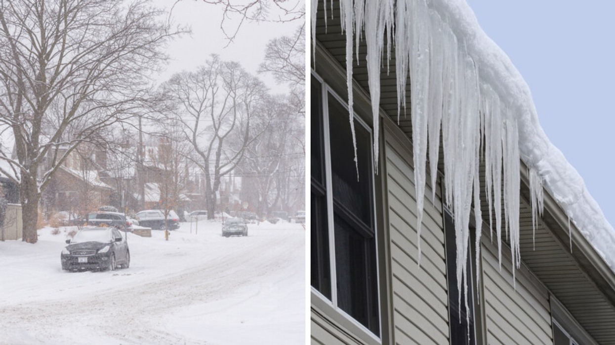 Street in Ontario covered in snow. Right: Icicles hanging off an Ontario roof.