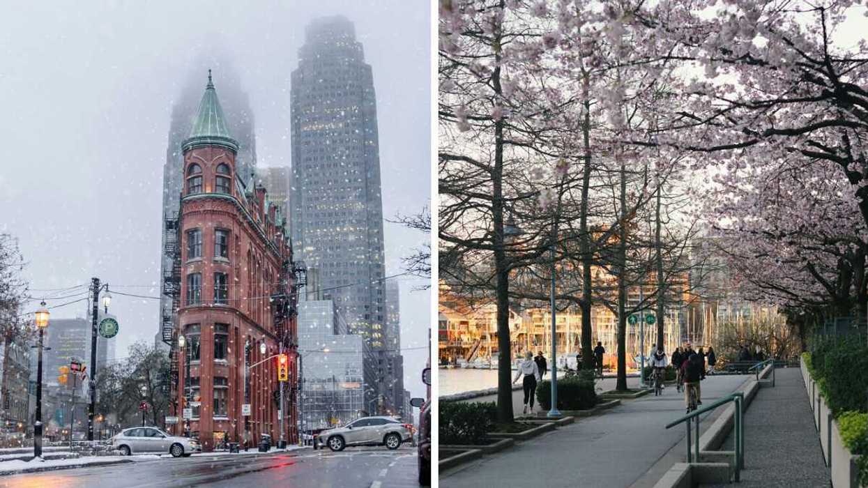 street in toronto during a light snowfall. right: people on paths with cherry blossoms beside water in vancouver