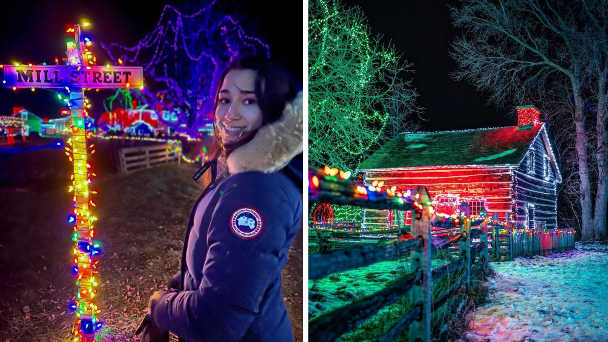 Street sign covered in Christmas lights. Right: Historic barn and fence with holiday lights.