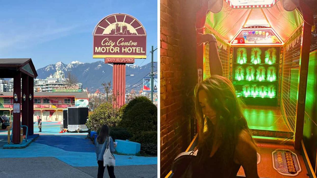 Street with mountain and hotel view. Right: Games bar in Vancouver.