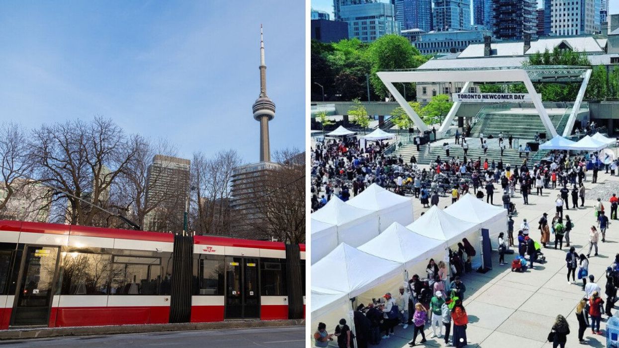 Streetcar in Toronto. Right: Newcomer's day in City Hall.