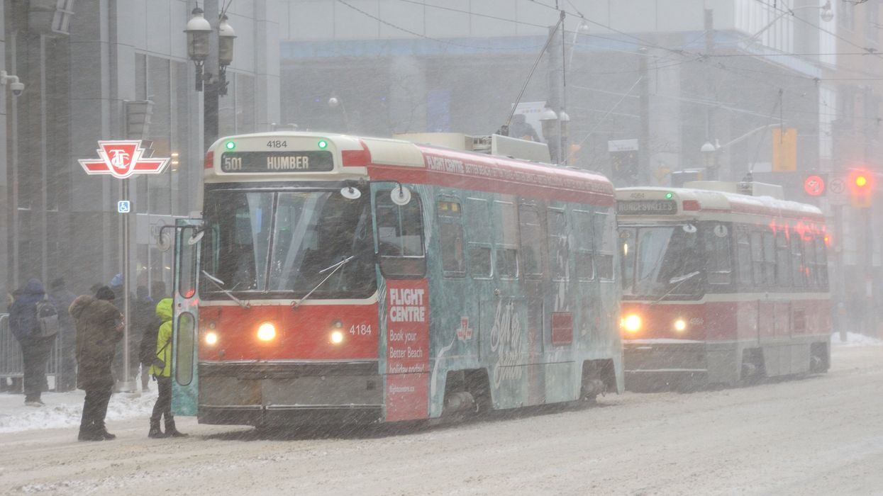 Streetcars in the snow in Toronto.