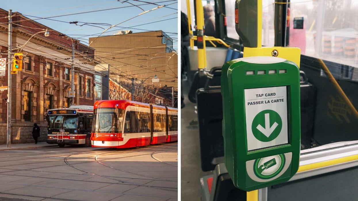 Streetcars in Toronto. Right: A Presto machine