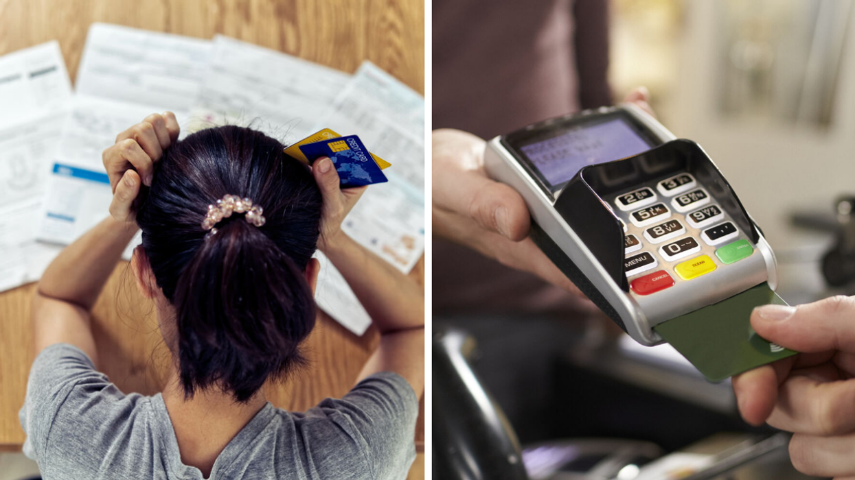 Stressed person holding credit cards. Right: Person paying with a credit card.