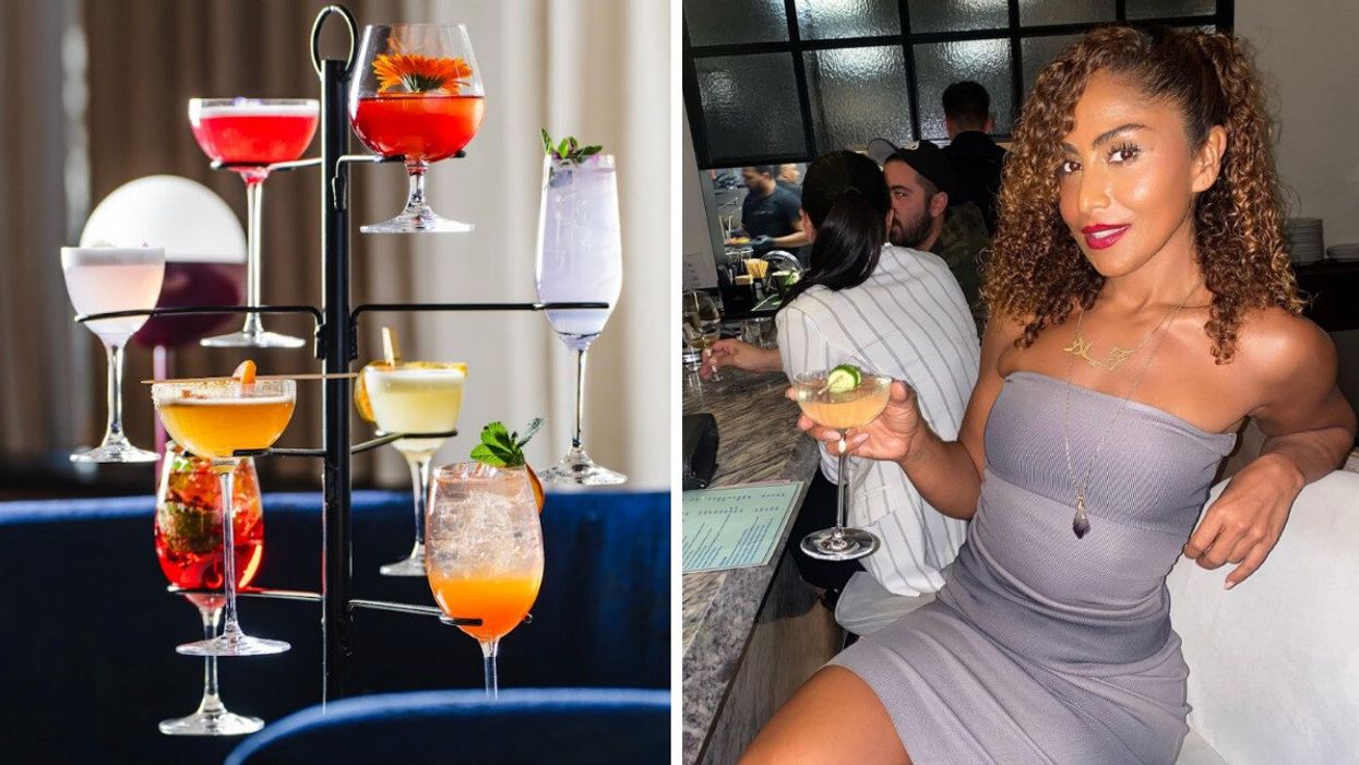 Structure en métal de type arbre remplie de cocktails. Droite : Femme qui tient un cocktail dans ses mains.