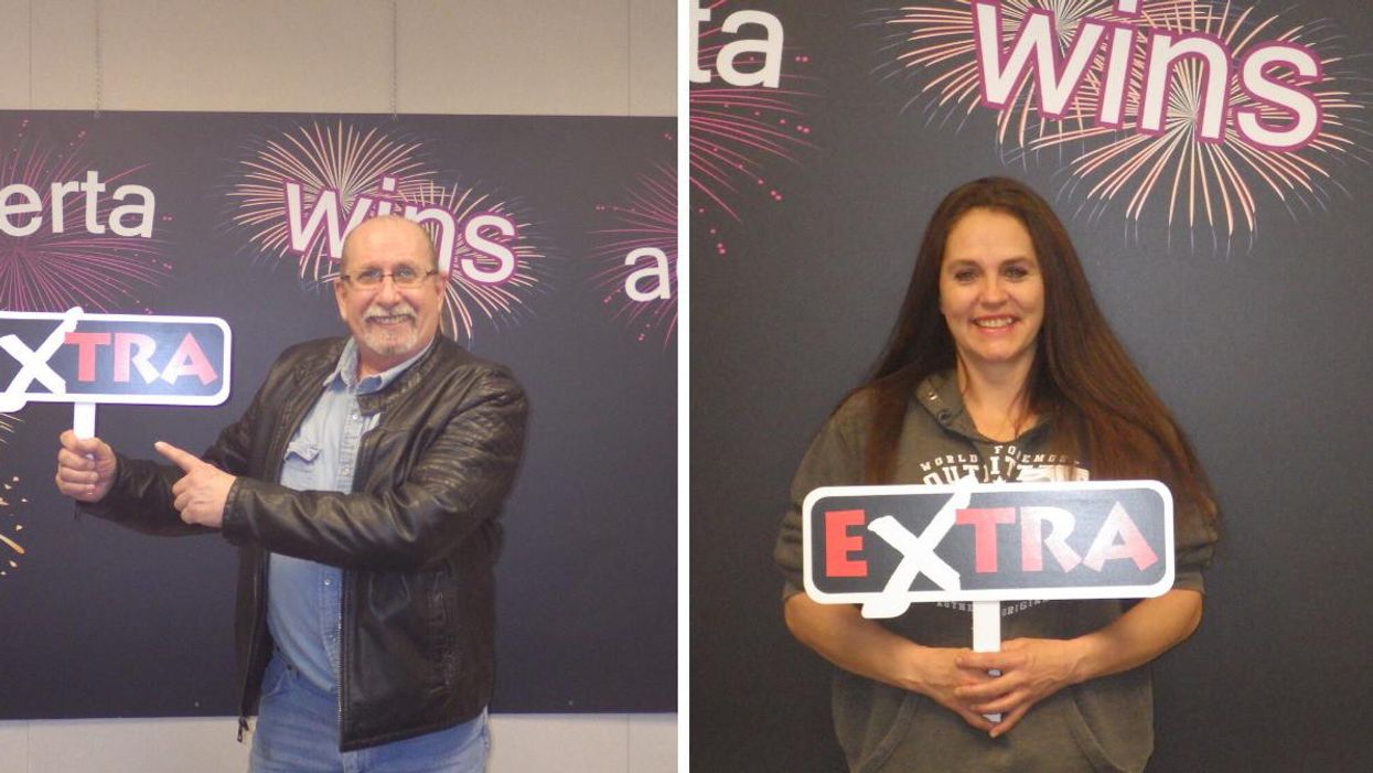 Stuart Stasuik celebrating his Lotto 6/49 win. Right: Catherine Landry celebrates her Lotto Max win.