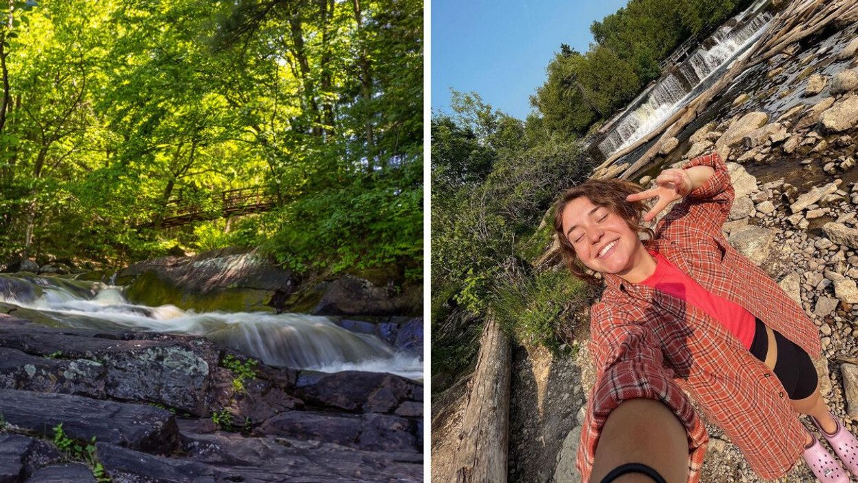 Stubb's Falls in Ontario. Right: A person by a waterfall.