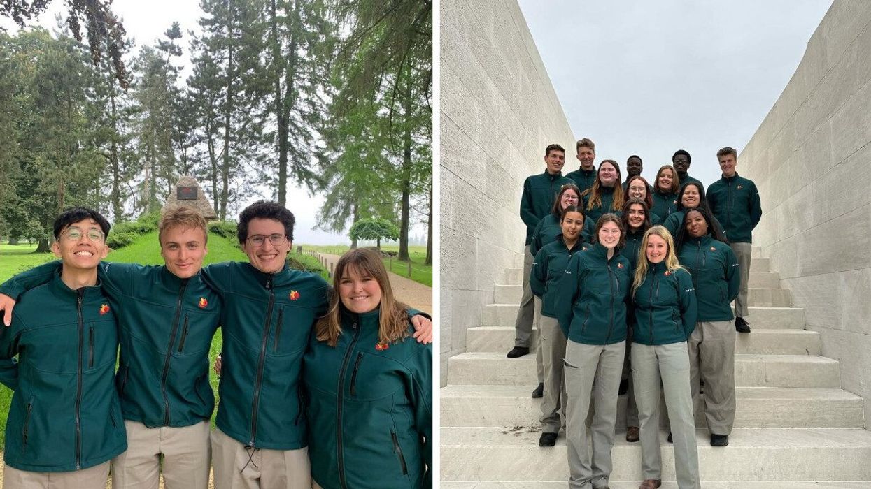 student guides at Beaumont-Hamel Newfoundland Memorial in france. right: student guides at Canadian National Vimy Memorial in france