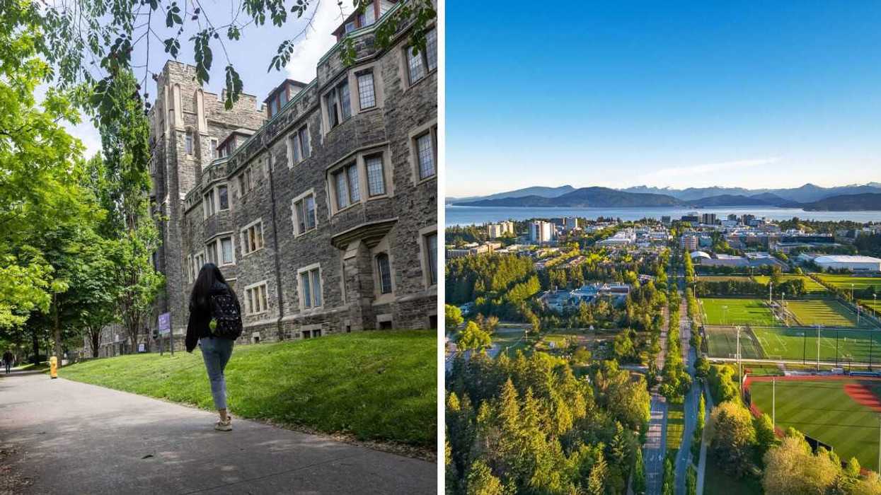 student on path at university of toronto campus. right: aerial view of university of british columbia campus with ocean in the background