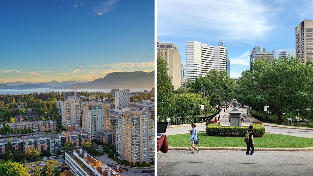 Student residences at the University of B.C.'s Vancouver campus. Right: Students on the McGill University campus in Montreal.