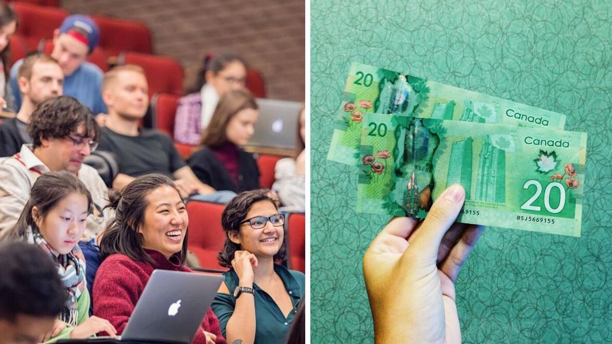 Students in a class at McGill University. Right: People holding two Canadian $20 bills.