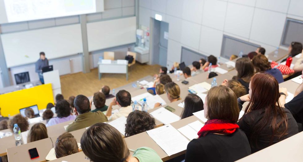 Students in a lecture hall.