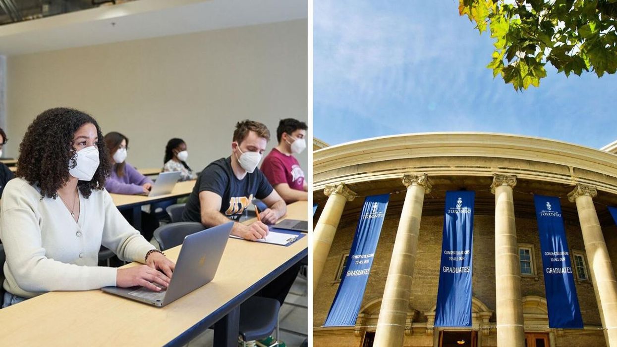 Students in class at the University of Manitoba. Right: University of Toronto building with signs congratulating graduates.