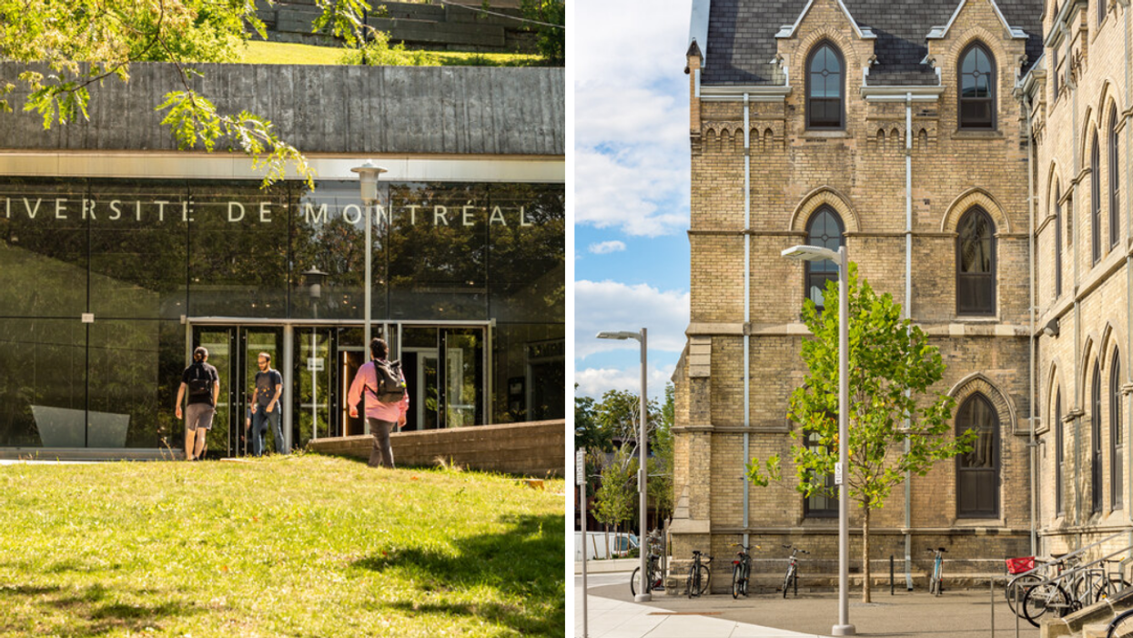 Students in front of a university. Right: Student accommodation.