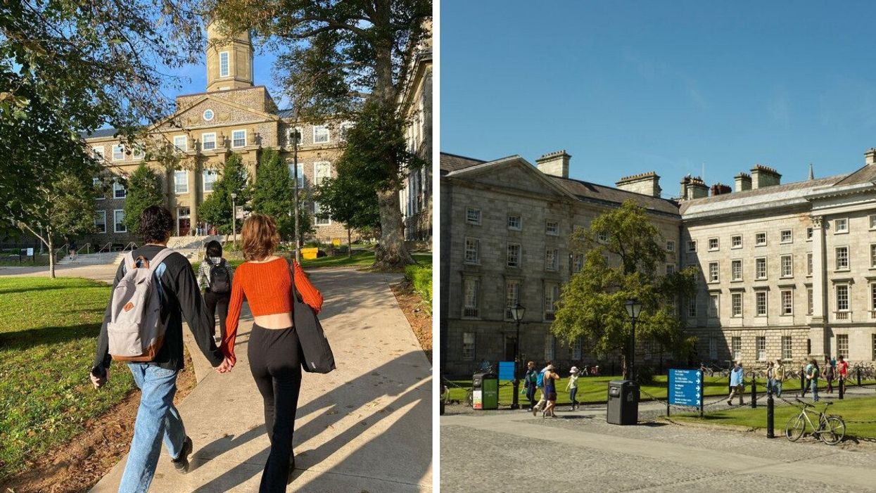 Students on campus at Dalhousie University. Right: People at Trinity College Dublin.