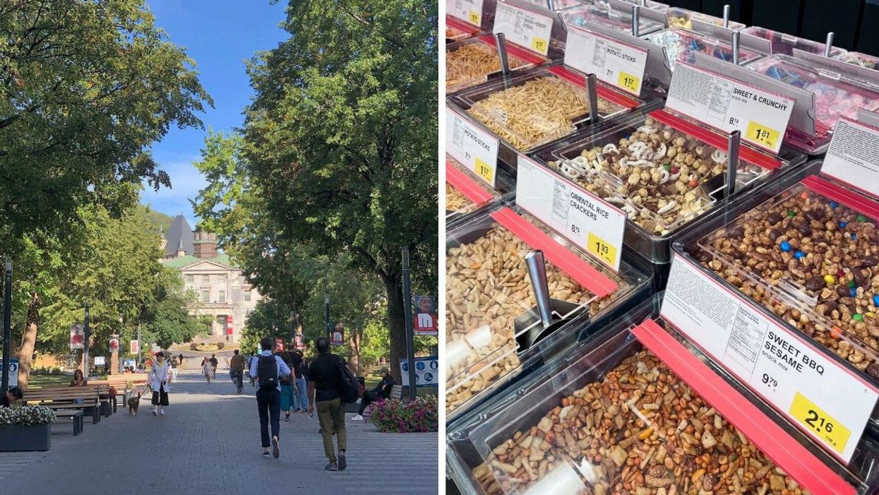 Students on campus at McGill University. Right: Bulk Barn products.