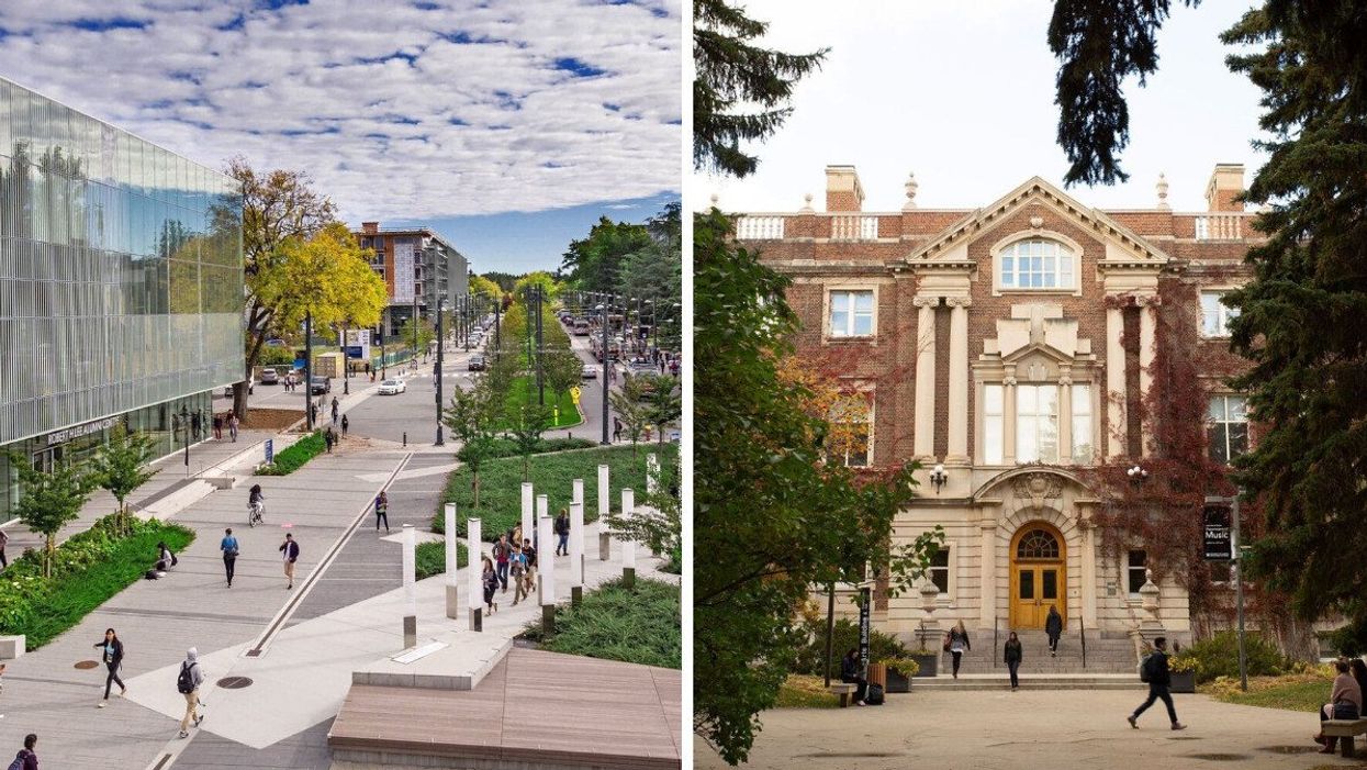 Students on campus at the University of British Columbia. Right: University of Alberta building.