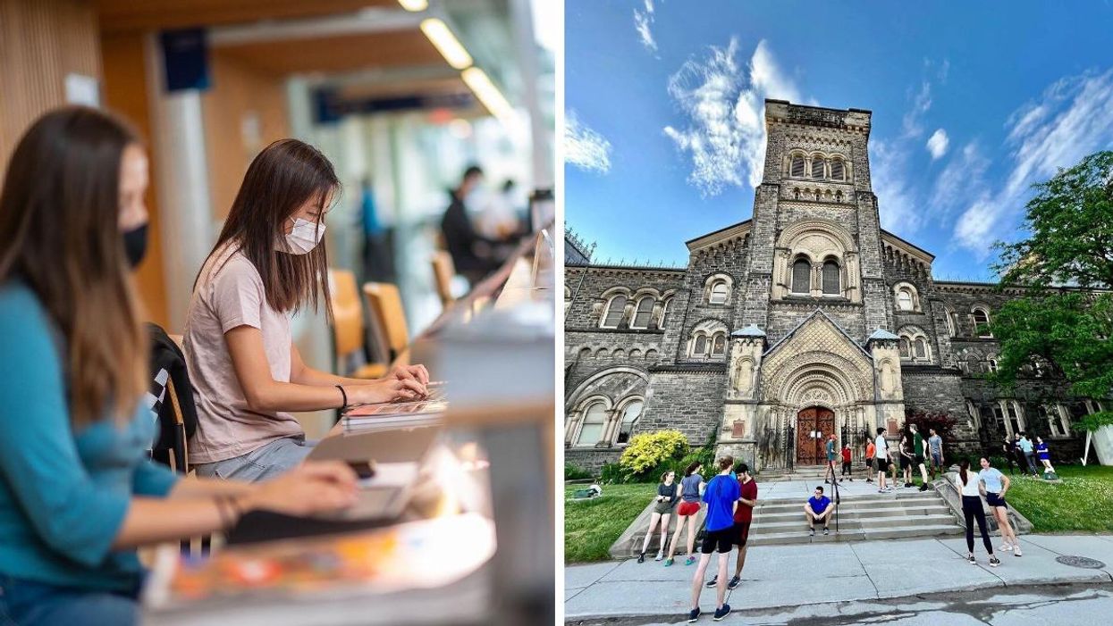 Students on laptops at the University of B.C. Right: People gathered in front of a University of Toronto building.