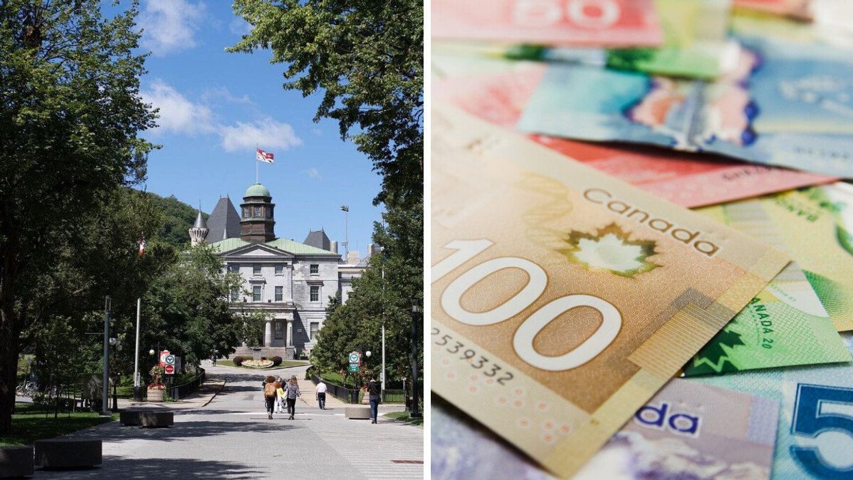 Students on the McGill University campus. Right: Pile of Canadian money.