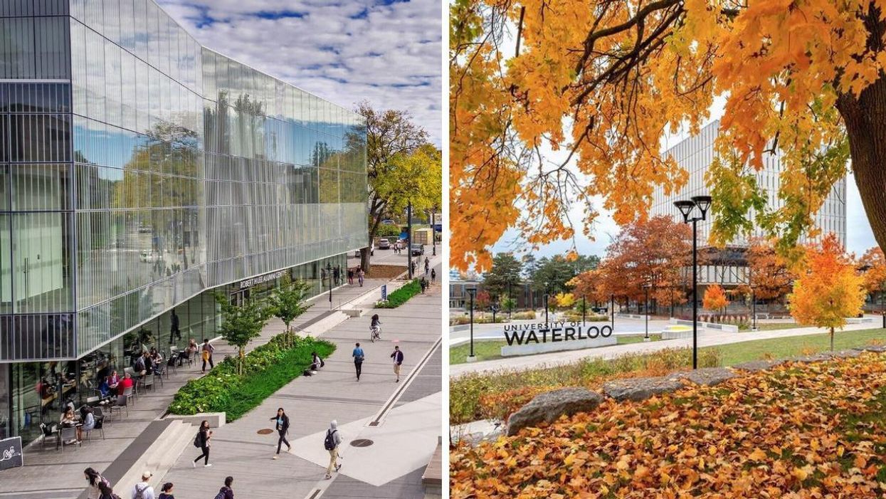 Students on the University of B.C. campus. Right: University of Waterloo sign on campus during the fall.