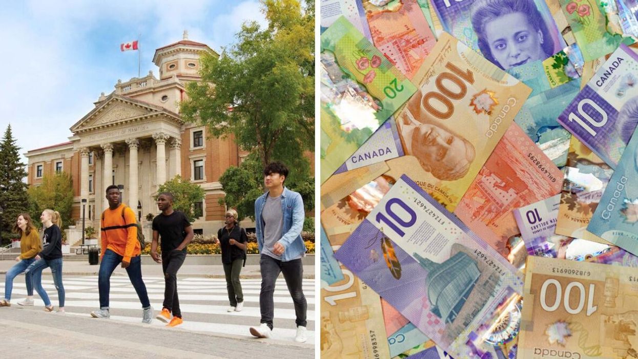 Students on the University of Manitoba campus. Right: Canadian money.