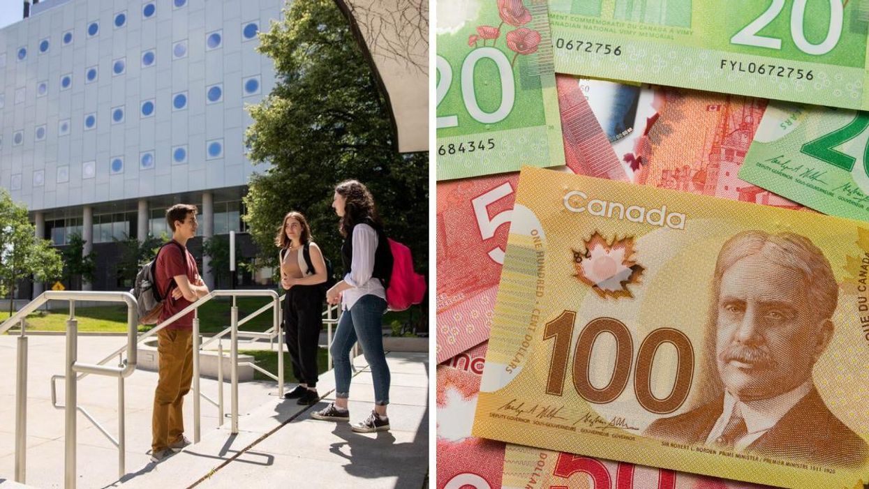 Students on the University of Ottawa campus. Right: Pile of Canadian money.