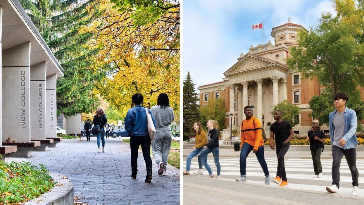 Students on the University of Toronto campus in the fall. Right: Students crossing a street at the University of Manitoba.