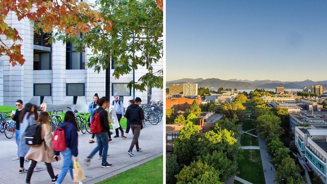 Students on the University of Toronto campus. Right: Tree lined path at the University of B.C.