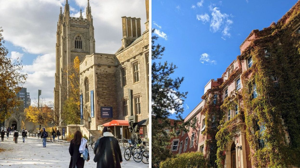 students on university of toronto campus in the fall. right: university of alberta building covered in vines