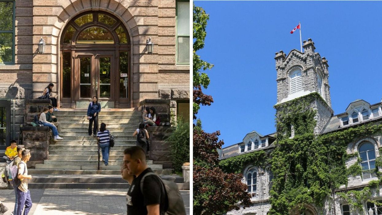 students on university of toronto campus. right: queen's university building with canadian flag