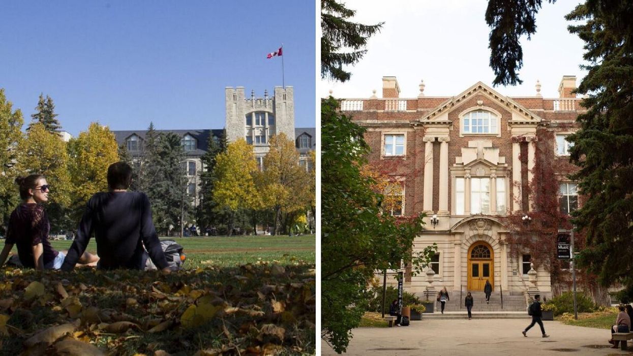 Students sitting on the ground at the University of Manitoba campus. Right: People walking in front of a building at the University of Alberta.