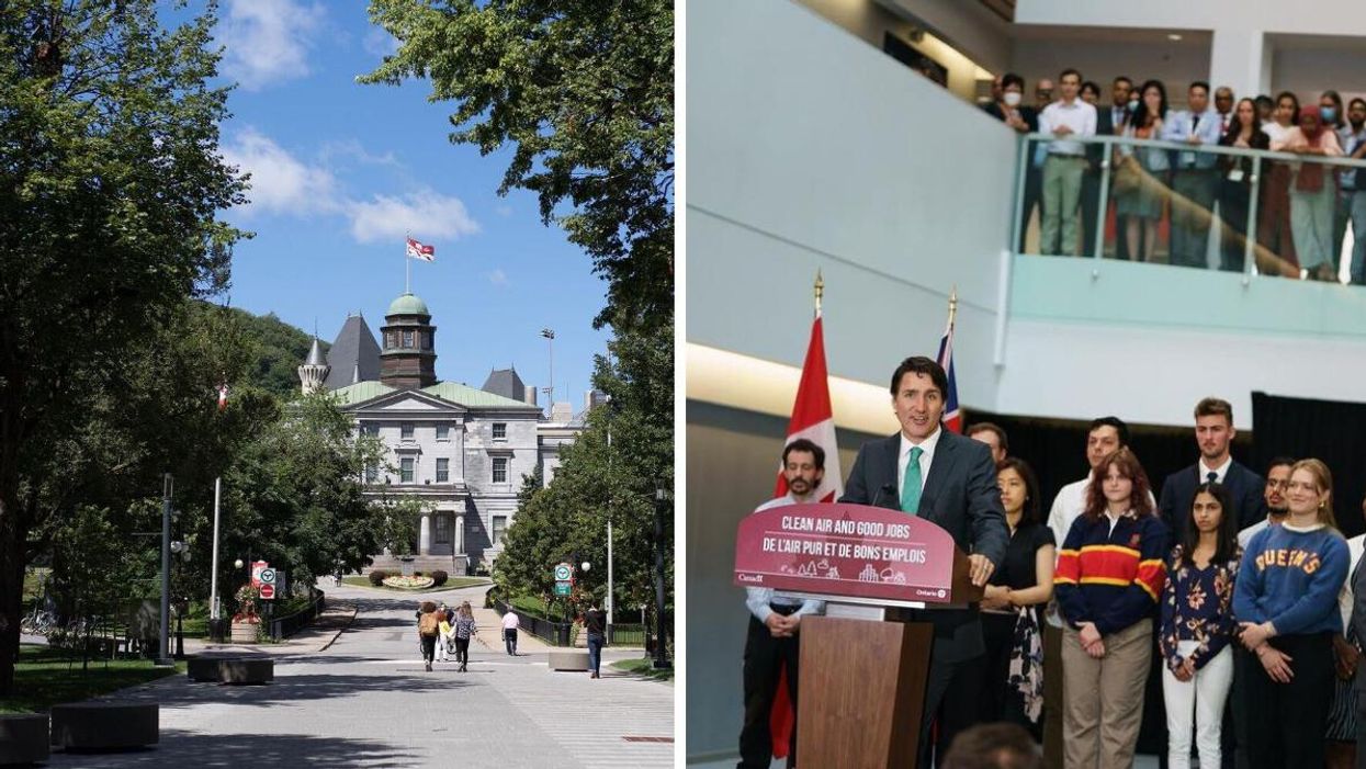 Students walking on the McGill University campus. Right: Justin Trudeau making an announcement with Queen's University students behind him.