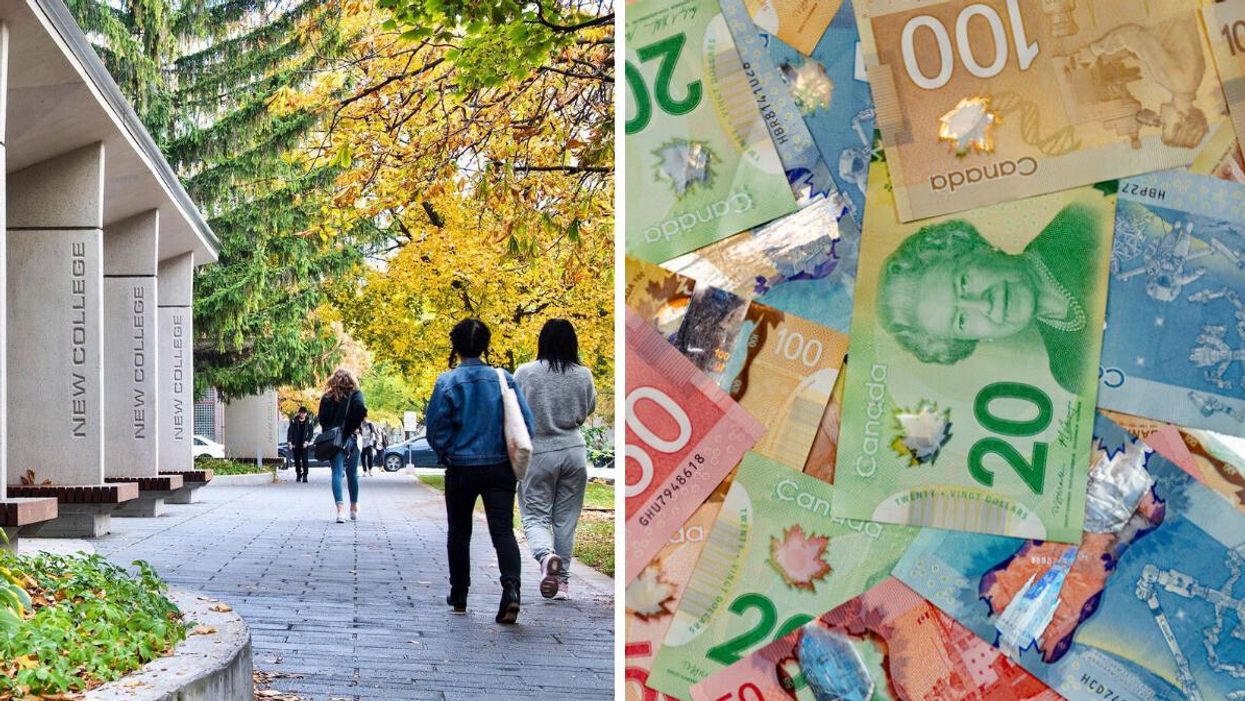 Students walking on the University of Toronto campus. Right: Canadian money.
