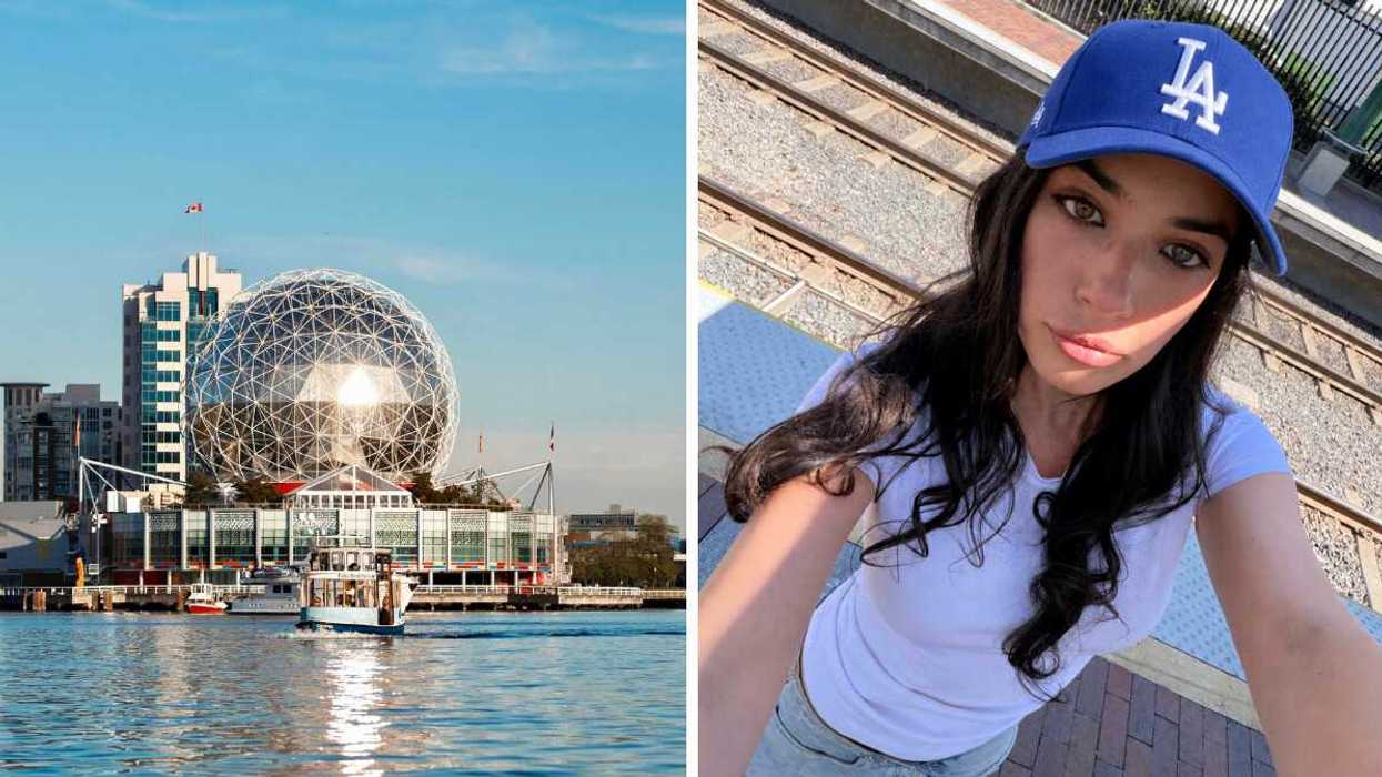 Stunning view of the Science World building reflecting on the water in Vancouver, Canada. Right: Brunette girl takes selfie outside with blue LA Dodgers hat.