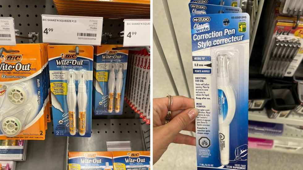 Stylo correcteur au Bureau en Gros. Droite : Stylo correcteur au Dollarama.