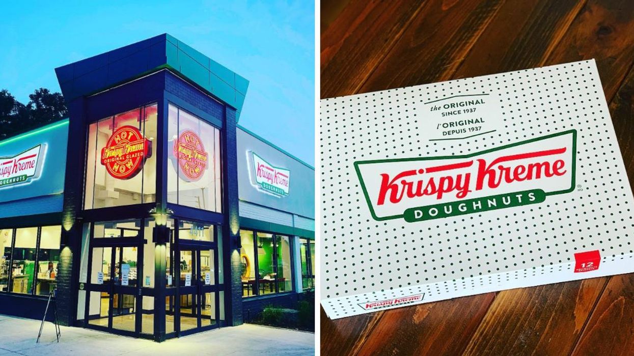 Succursale Krispy Kreme de Scarborough, Ontario. Droite : Boîte de Krispy Kreme.