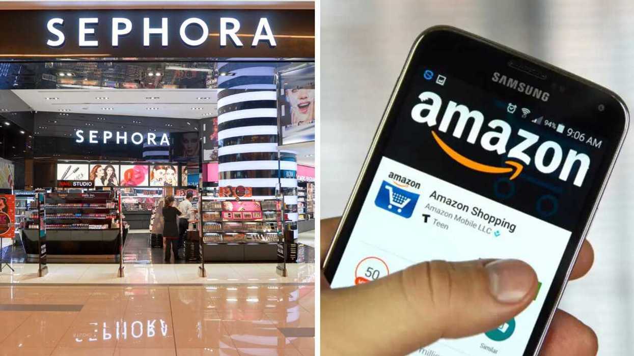 Succursale Sephora. Droite : Logo Amazon sur un téléphone cellulaire.