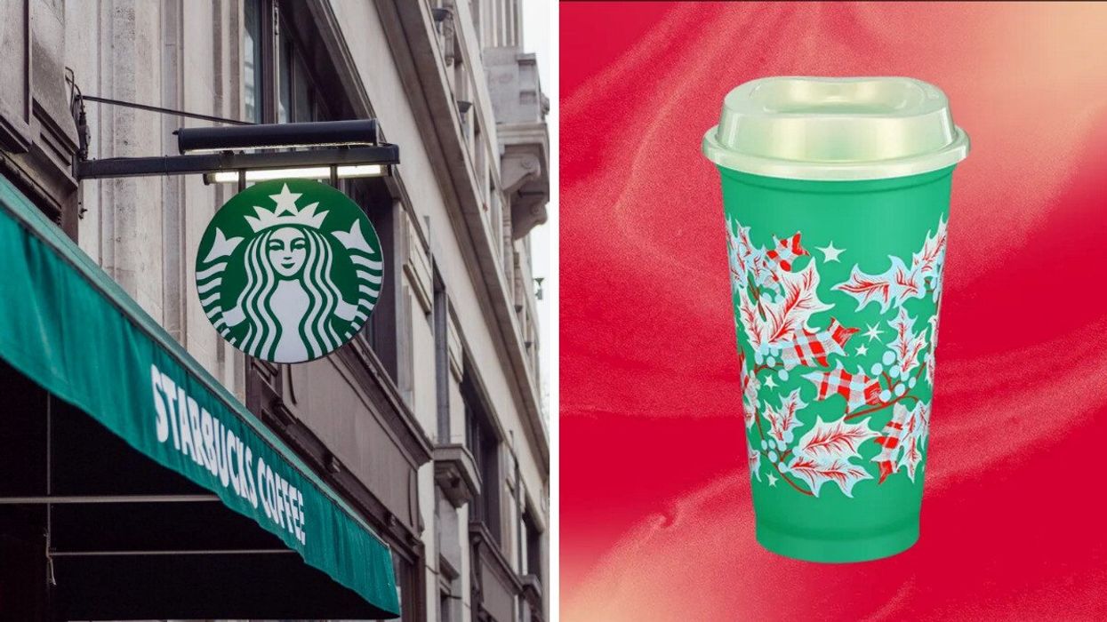 Succursale Starbucks. Droite : Tasse iridescente « glow in the dark » de Starbucks.