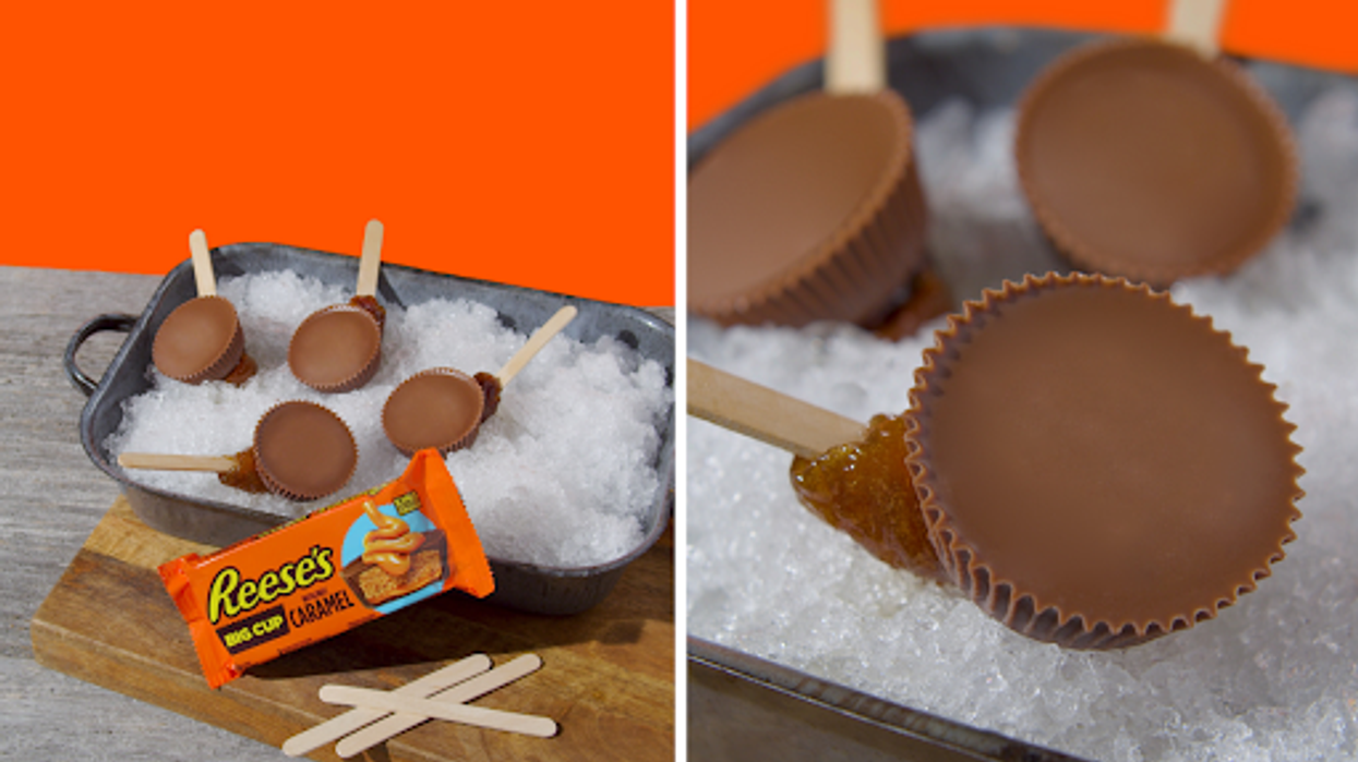 Sucettes REESE’S sur neige. Droite: Zoom sur tire caramel REESE’S