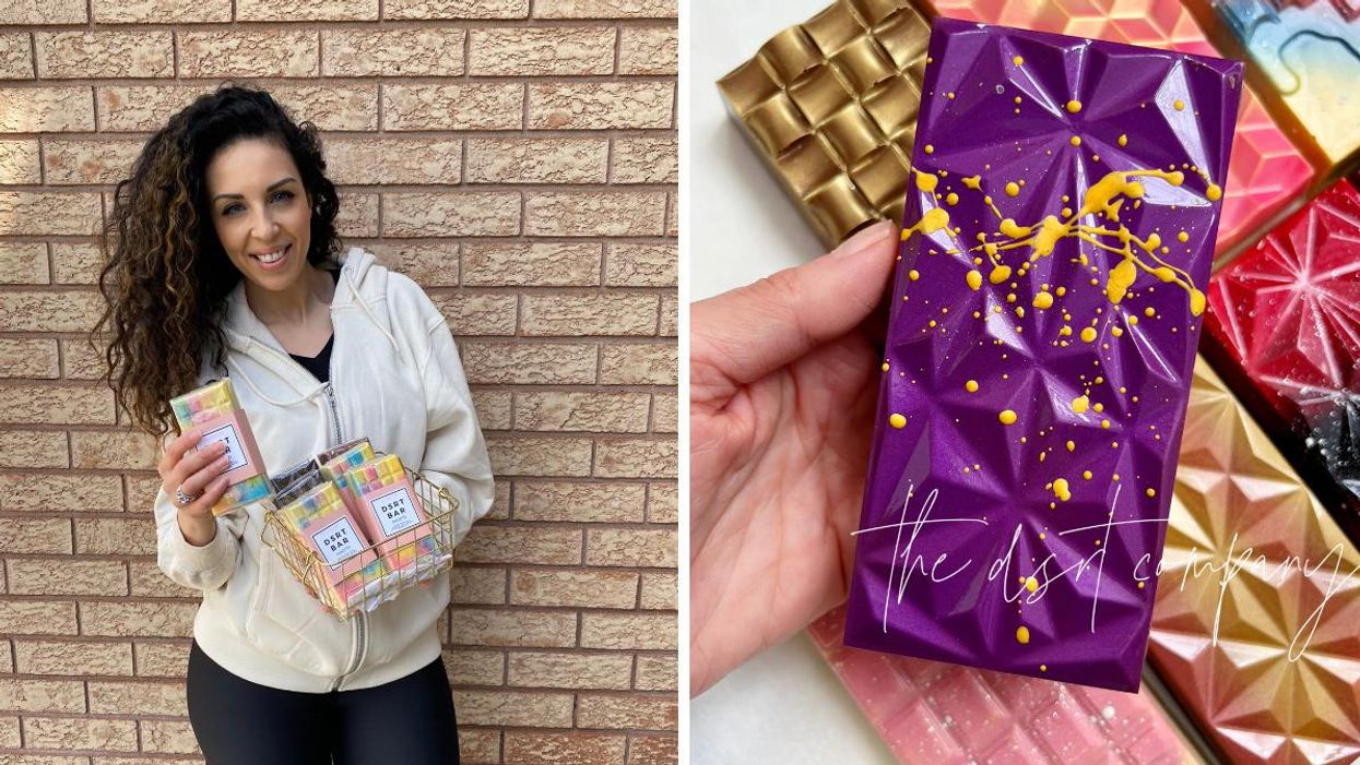 Summer Badawi. Right: The DRST Co chocolate bar.