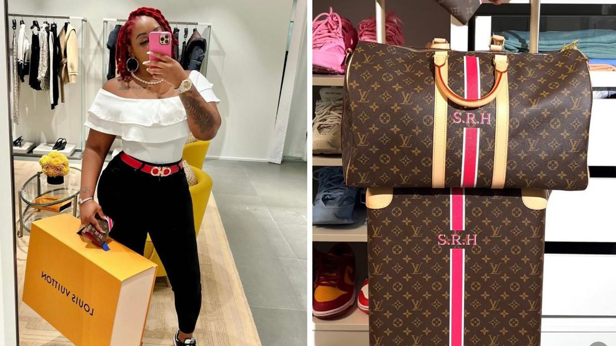 Summer Reign Henning with a Louis Vuitton bag. Right: Henning's Louis Vuitton luggage.