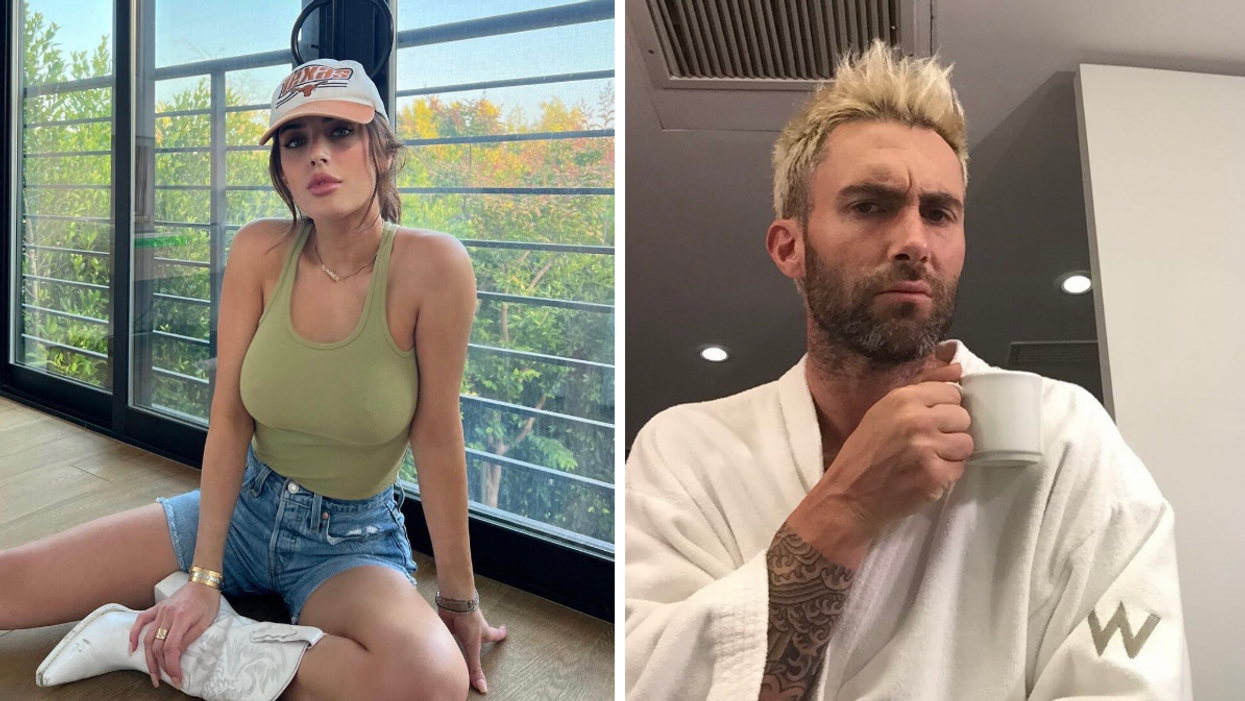 Sumner Stroh in a Texas Longhorns hat, green tank top and jean shorts. Right: Adam Levine in a white robe.