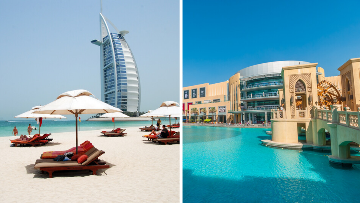 Sunbeds with the Burj Al Arab in the background. Right: The Dubai Mall.