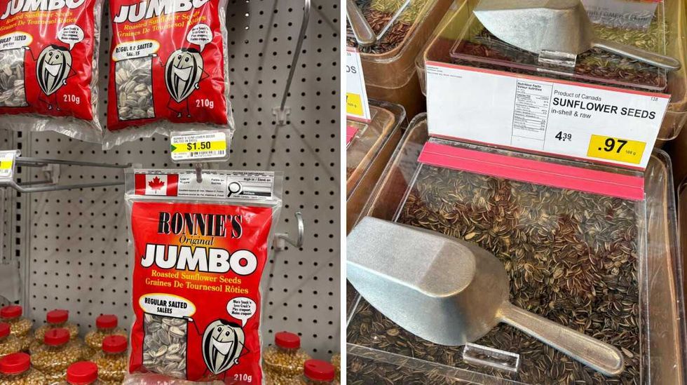 Sunflower seeds at Dollarama. Right: Sunflower seeds at Bulk Barn.